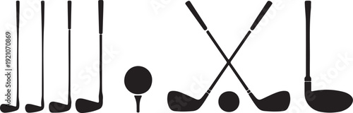 Collection of various golf clubs and ball on tee in vector graphic illustration for golf enthusiasts and professionals