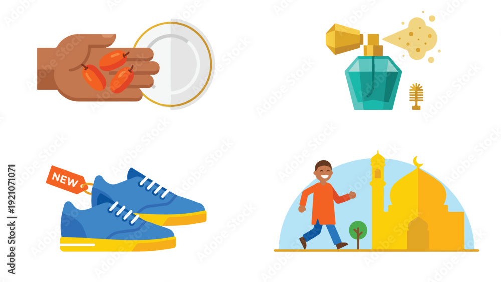 Fototapeta premium Eid Morning Sunnah Routine and Preparation Icon Set