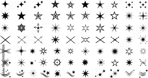 Collection of star silhouettes and sparkle icons, twinkle light effect set, shining glitter shapes, cosmic space vector illustration,