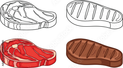 Raw and Grilled Beef Steak Set Top View Meat Cuts Outline and Colored Butcher Vector Illustration