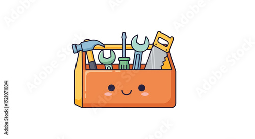 Cartoon Toolbox with Tools and Smiling Face.