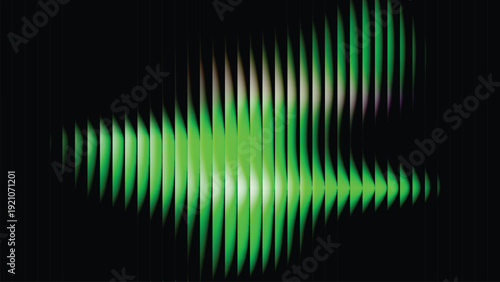 Glowing emerald frequency bars creating a sense of motion and rhythm. Abstract scientific data visualization with vibrant neon shades and deep black shadows.