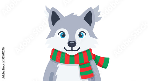 Cartoon Wolf Wearing Christmas Scarf.