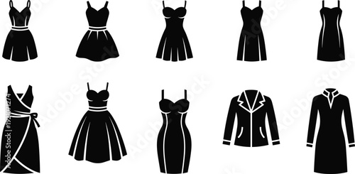 Collection of women's dress icons, black silhouette fashion garments, summer apparel set, evening wear clothing, female outfit vector illustration, shopping