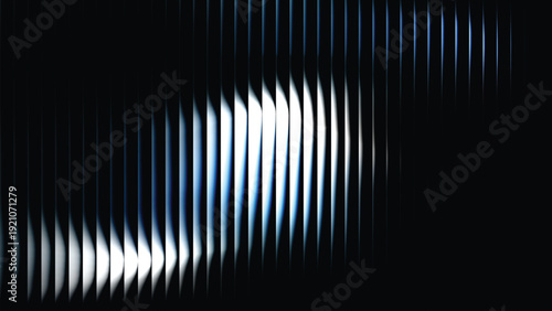 Futuristic ribbed glass background featuring a rhythmic pattern of vertical panels. Dark and light reflections create a sense of depth and movement, suggesting modern technology or sound waves.