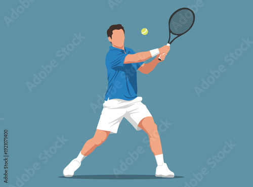 male tennis player in a blue polo and white shorts performing a powerful two handed backhand stroke