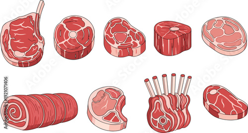 Various Beef and Pork Meat Cuts Collection Raw Butcher Steak Set Detailed Food Vector Illustration