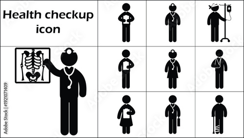 Doctor Examination and Patient Injury Silhouette Icon Set, Medical Care and Health Concept Vector