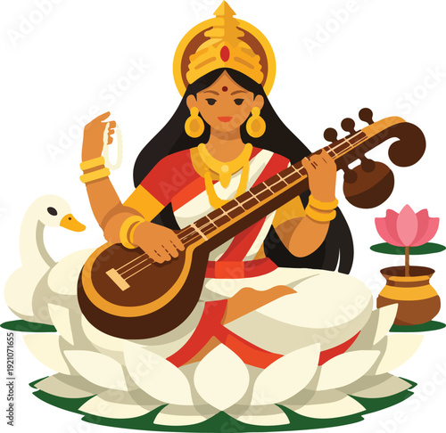 Hindu Goddess Saraswati Playing Veena Flat Vector Illustration featuring Indian Deity of Wisdom and Music for Basant Panchami and Educational Arts Design