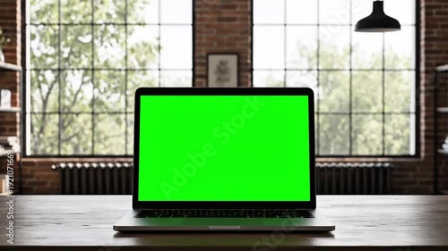 Laptop with green screen on wooden table in a modern office with large windows and natural light