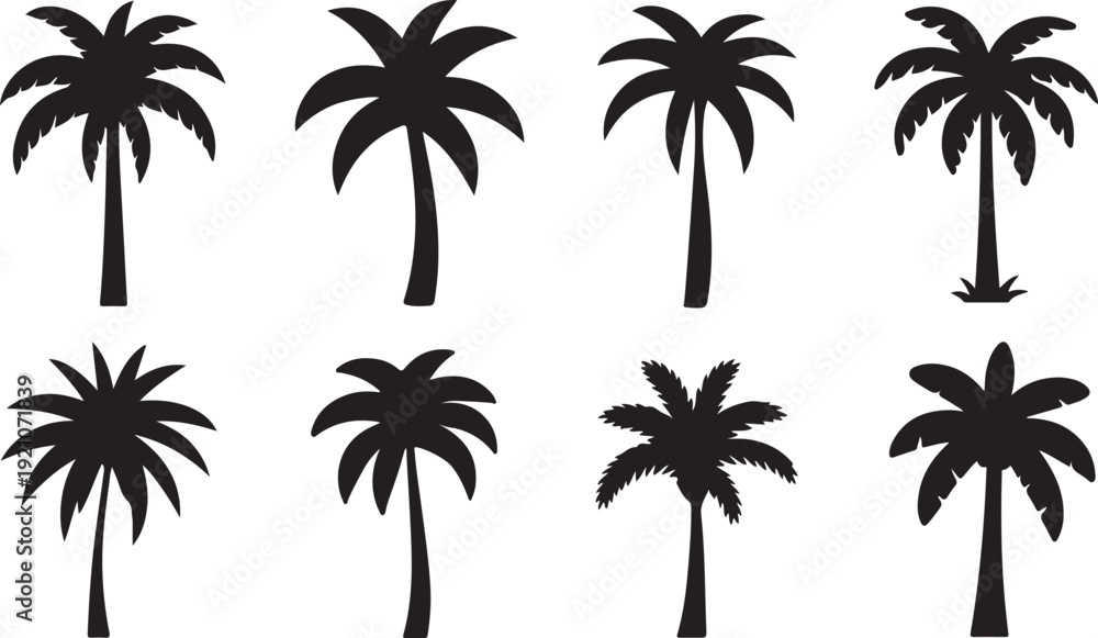 Fototapeta premium Collection of eight black palm tree silhouettes in various designs on a white background, showcasing different styles and shapes for tropical and summer-themed designs and graphics.