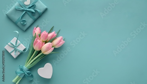 Springtime turquoise paper background with pink tulips and wrapped gifts, copy-space