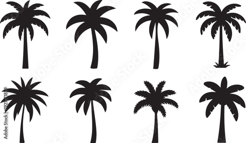 Collection of eight black palm tree silhouettes in various designs on a white background, showcasing different styles and shapes for tropical and summer-themed designs and graphics.