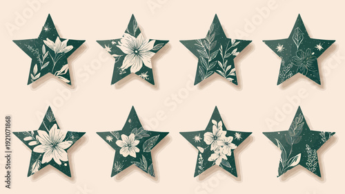 Collection of green and white floral star shapes on beige background.