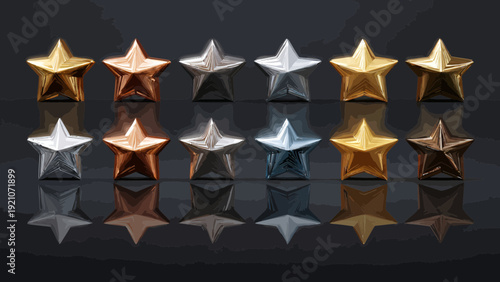 Set of 3D stars in bronze silver and gold on a dark background with reflection.