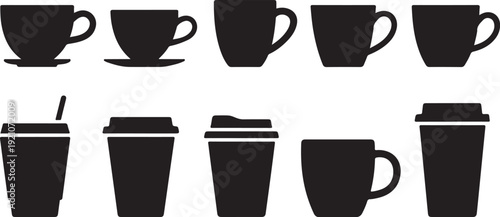 Vector graphic illustration showcasing various coffee cups and mugs in different designs and styles on a clean white background for beverage related projects or designs