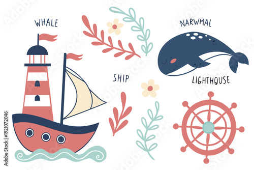 A colorful vector illustration of a lighthouse ship sailing near a whale and narwhal with flowers and a steering wheel