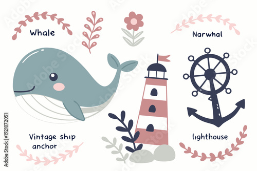 A whimsical vector illustration of a whale, narwhal, lighthouse, and anchor with floral elements