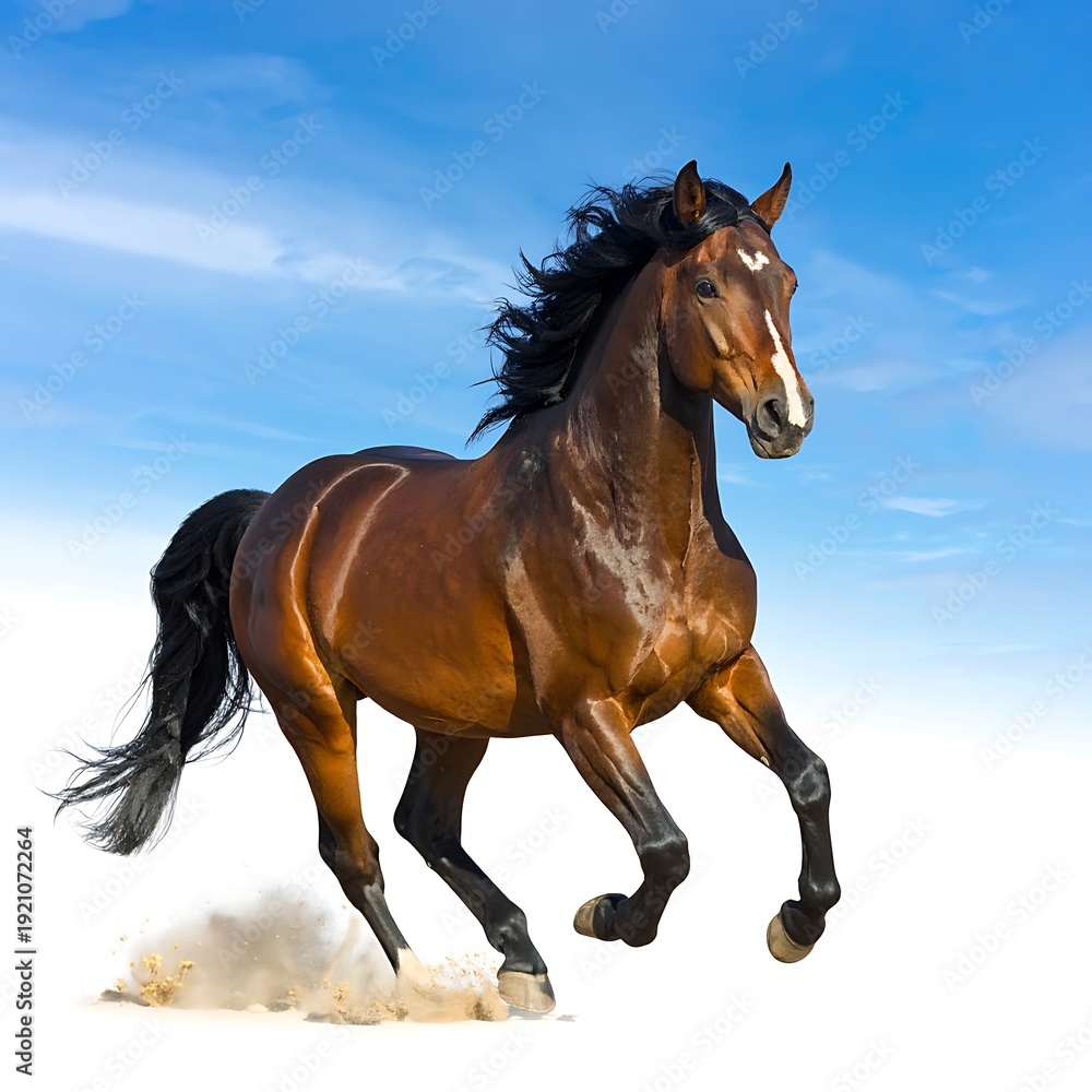 Obraz premium Powerful brown horse gallops across sandy ground, against a bright blue sky with scattered clouds
