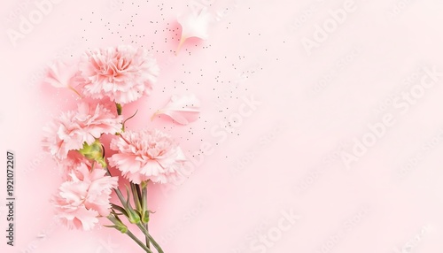 Pink carnations on pink background. Banner with flowers in pastel colours.