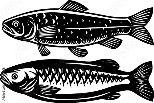 A black and white vector illustration of two fish in a woodcut style