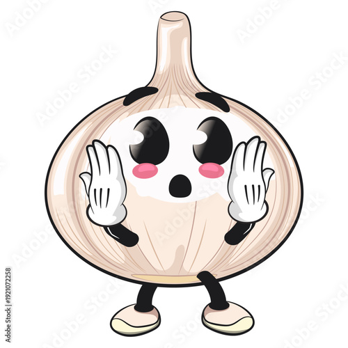 cute garlic mascot character surprised, isolated vector illustration, work of hand drawn