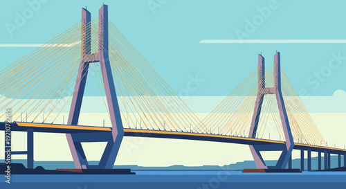 Modern Cable-Stayed Bridge Architecture Over Blue Water Under Clear Sky