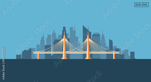 Modern Cable-Stayed Bridge and City Skyline Flat Illustration
