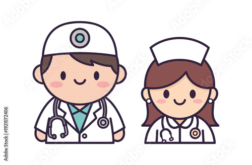 Flat vector illustration of a cute chibi doctor and nurse smiling, wearing white medical uniforms and stethoscopes.