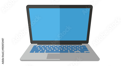 Modern Laptop Computer with Blue Screen and Keyboard, Technology Flat Design