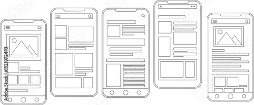 Mobile app wireframe layouts set, smartphone UI UX design templates, digital prototype visualization, modern application interface planning, creative layout mockups