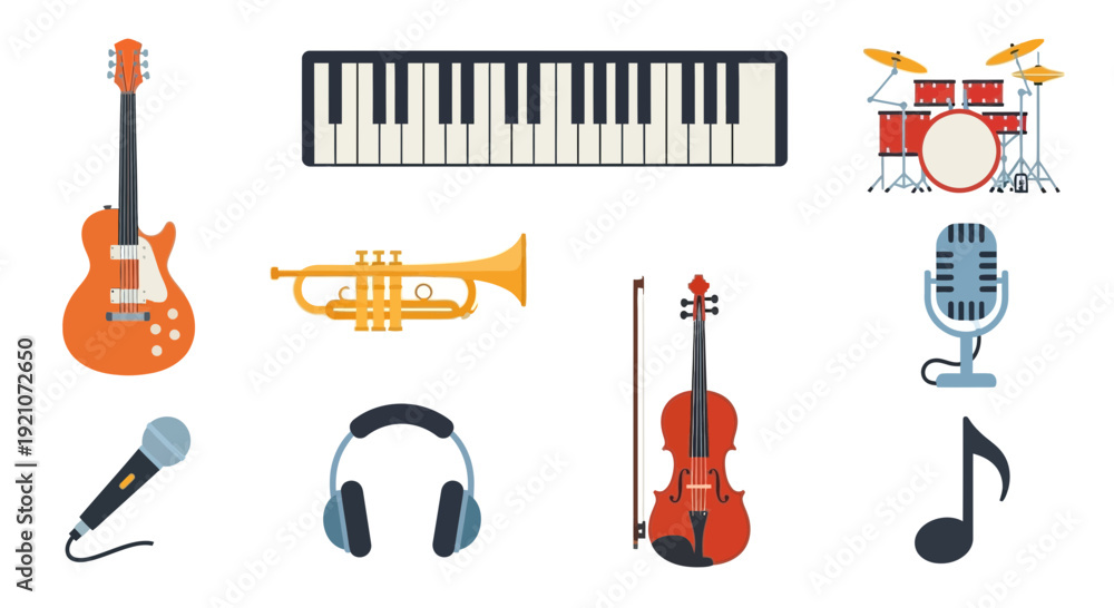 Naklejka premium Musical Instruments Collection: Guitar, Piano, Drums, Trumpet, Violin, Microphone