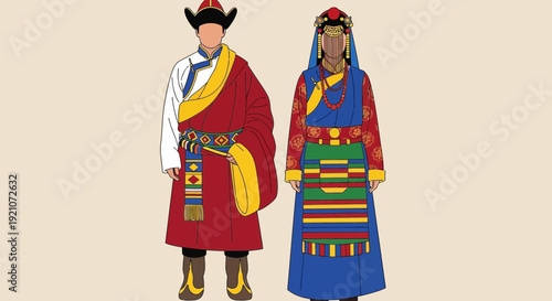 Mongolian Traditional Attire: Man and Woman in National Costumes