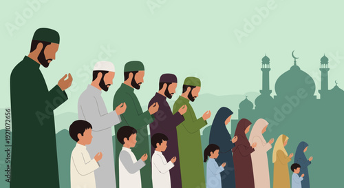 Muslim Family Praying Together at Mosque - Islamic Worship and Spirituality