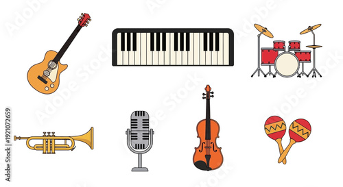 Musical Instruments Set: Guitar, Piano, Drums, Trumpet, Violin, Mic, Maracas