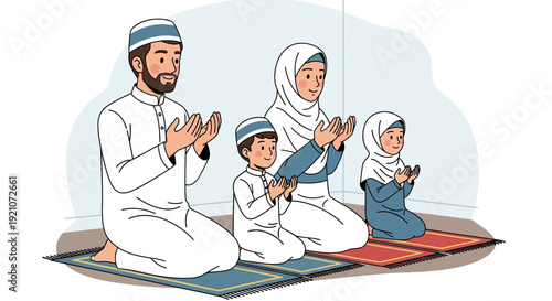 Muslim Family Praying Together on Prayer Mats, Islamic Devotion