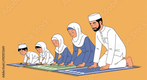 Muslim Family Praying Together on Prayer Rugs, Interfaith Harmony