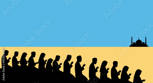 Muslims Praying in a Row, Mosque Silhouette, Islamic Spirituality