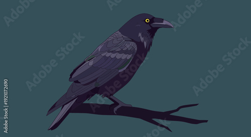 Mysterious Raven Perched on a Branch, Dark Silhouette, Eerie Atmosphere