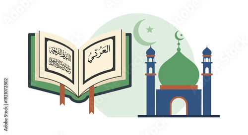 Open Quran, Mosque, Crescent Moon and Star - Islamic Culture and Religion Symbolism
