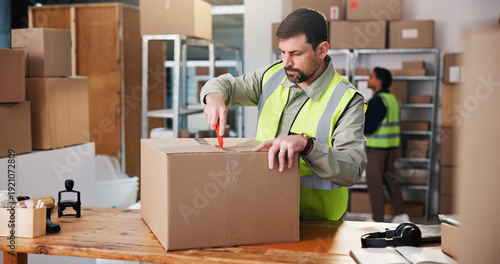Businessman, box or cutting with package in warehouse for logistics, return order or checking stock. Male person, distributor or supplier opening cargo or parcel for courier security or distribution