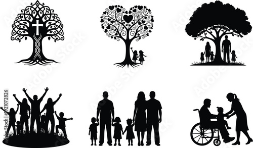 Family tree silhouette vector set, Christian cross tree, heart life tree, disabled person in wheelchair, unity community, parent child bonding, diversity.