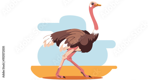 Ostrich walking on sandy ground with abstract background, flat design