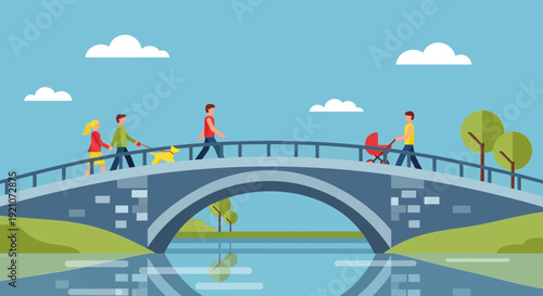 People walking on bridge over river with dog and baby stroller, park scene