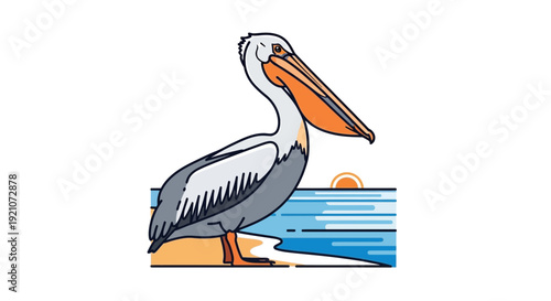 Pelican standing on beach at sunset, illustration
