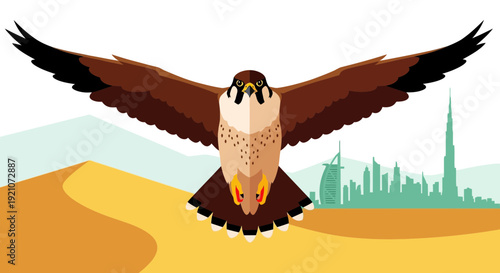 Peregrine Falcon flying over Dubai desert with modern skyline