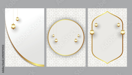 Ramadan or Eid al-Fitr greeting card background template with Arabic pattern of gold line mosque silhouette