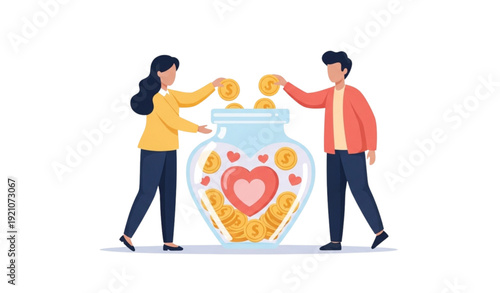 Charity Donation Illustration – Two People Contributing to Heart-Filled Donation Jar Vector