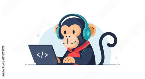 Monkey Wearing Headphones Using Laptop Computer.