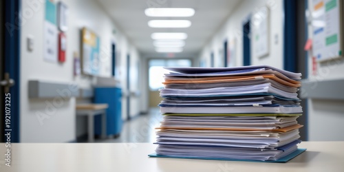 Stack of paperwork on table in hospital corridor with blurred background